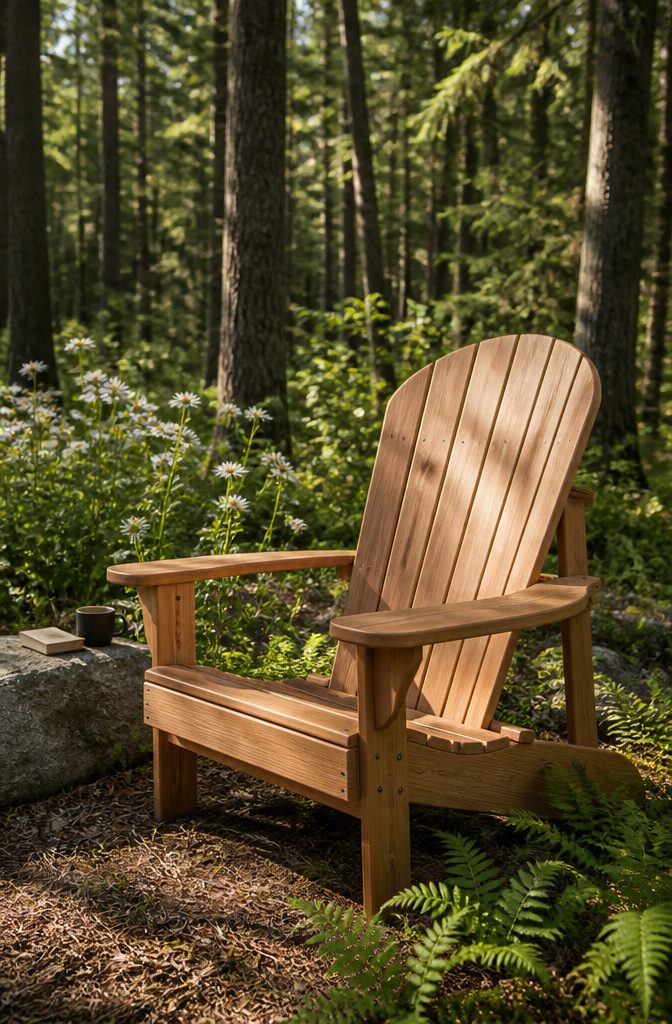 Curved Adirondack chair made of high-quality wood in a forest.