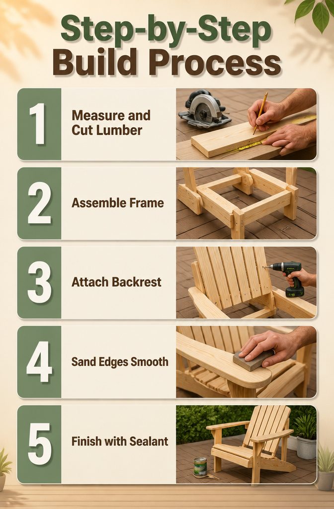 Visual guide showing the process of building an Adirondack chair.