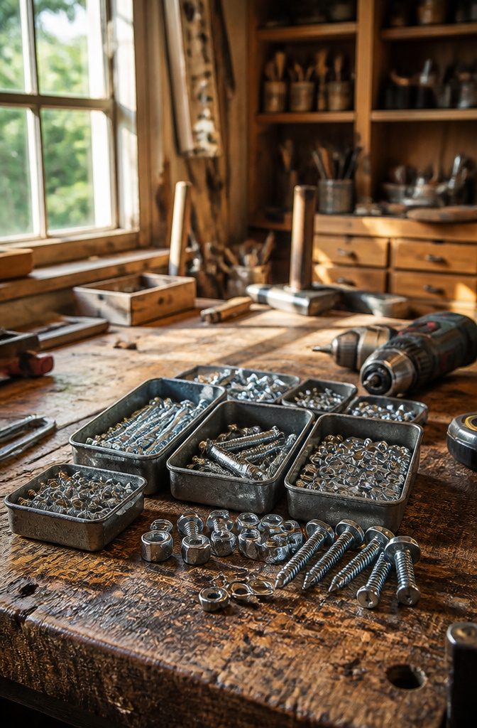 Collection of galvanized and stainless steel fasteners on a workbench.