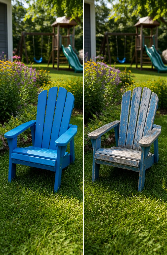 Small Adirondack chair suitable for children in a backyard.