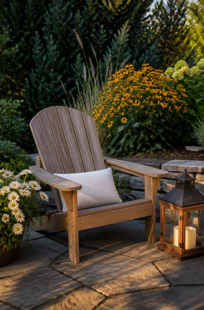 Low Profile Adirondack chair with a curved top rail in a garden.