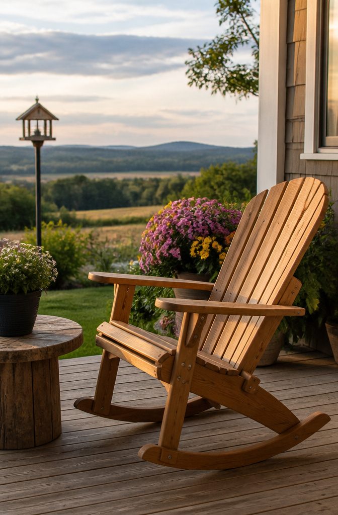 Rocking Adirondack chair with a smooth finish on a porch.