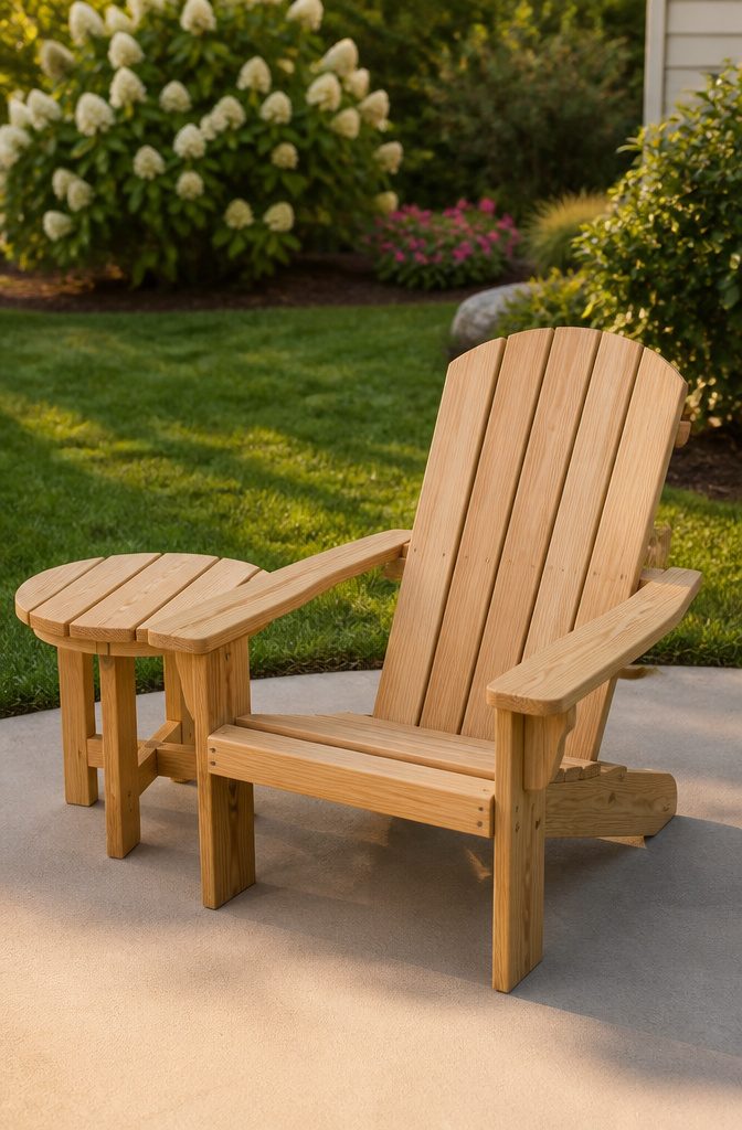 Simple Adirondack chair in natural finish beside a small table.
