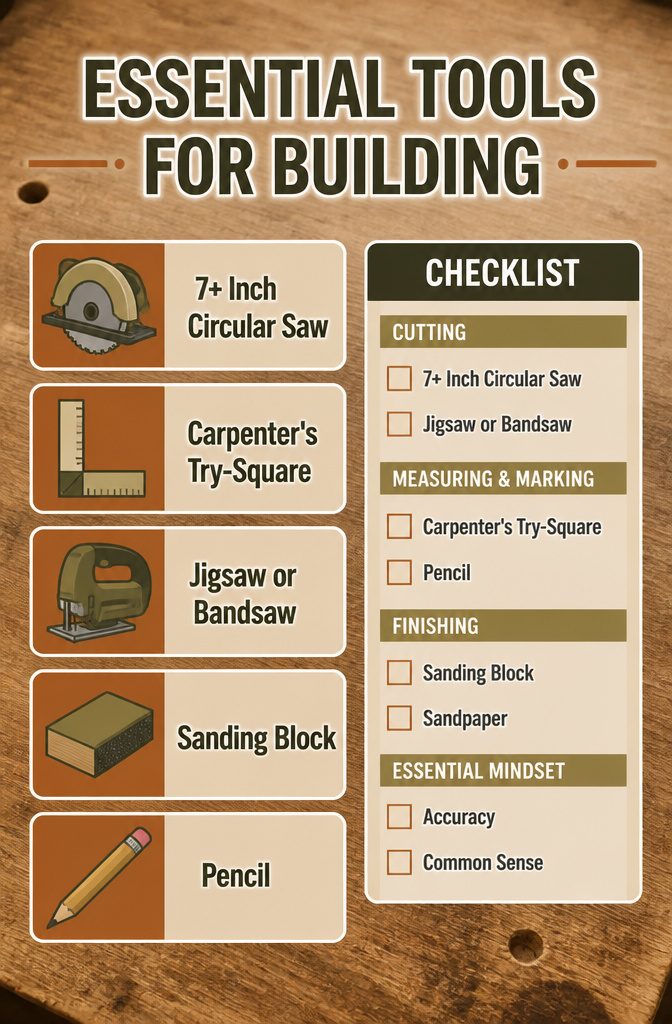 Tools for building, including a saw, drill, and square, on a workbench.