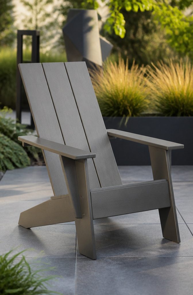 Modern Adirondack chair with two wide boards for the back.