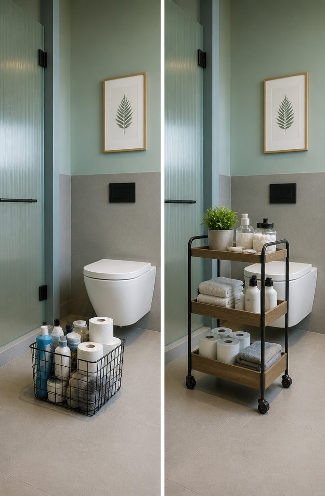 A rolling cart with storage trays is positioned next to a toilet.