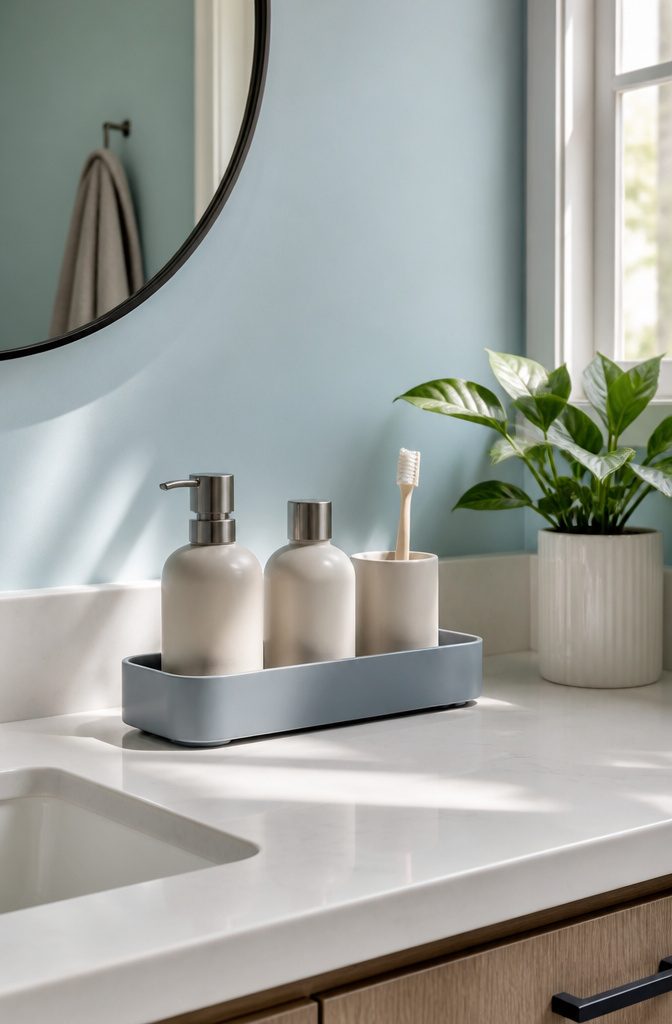 A tray holds a soap dispenser, lotion, and toothbrushes on a bathroom counter.