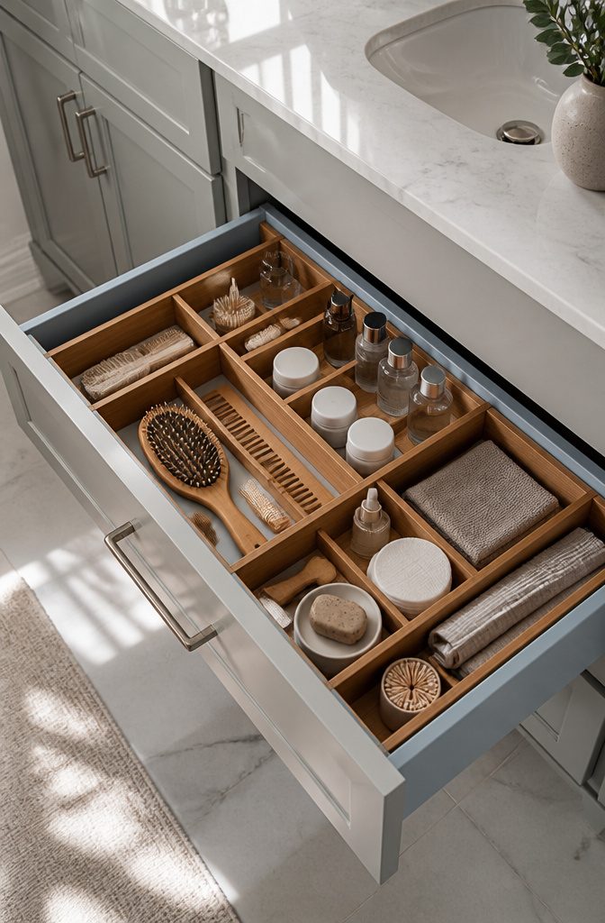 A bathroom drawer features bamboo dividers holding various toiletries.