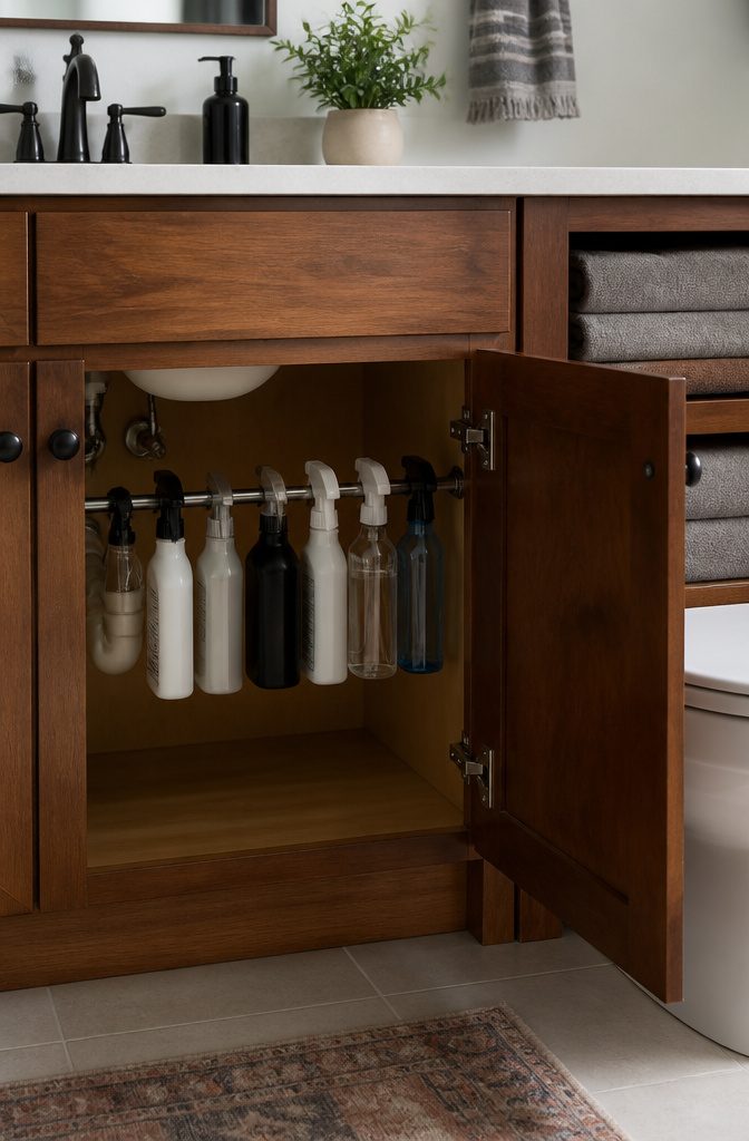 Spray bottles hang from a tension rod inside a bathroom cabinet.