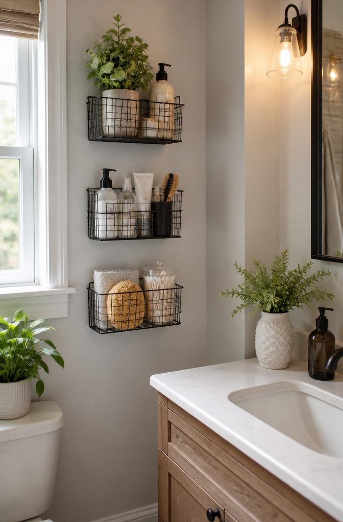 Wire baskets are mounted on the wall, holding toiletries in a bathroom.