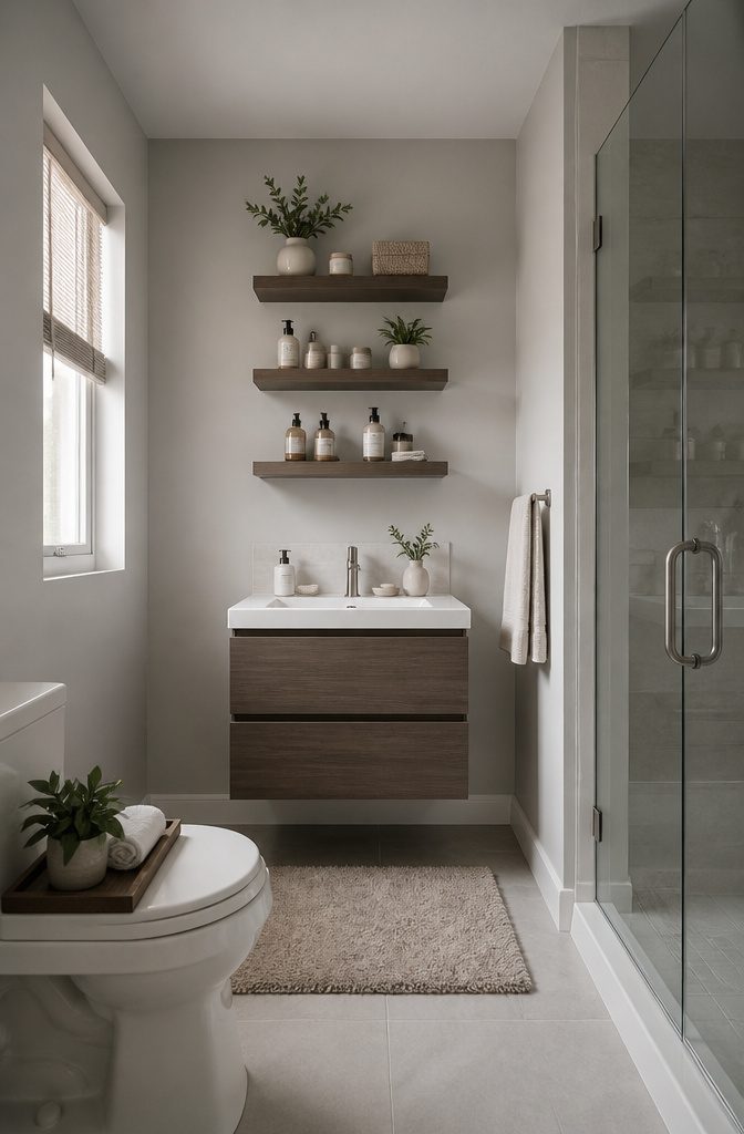 A small floating shelf holds bathroom items above a vanity.