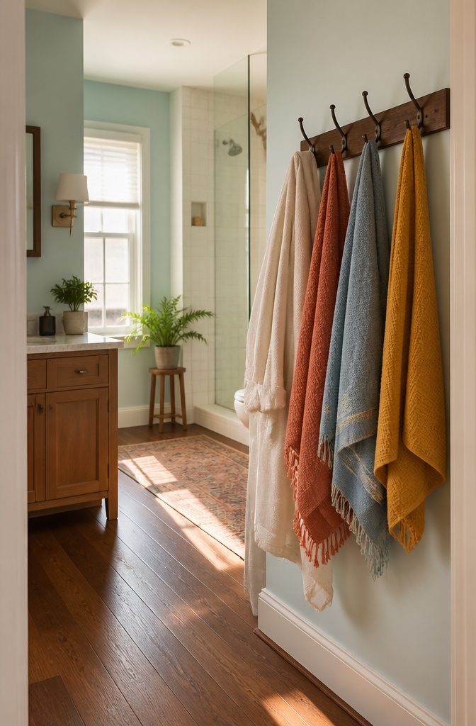 A hook rack displays colorful towels and a robe in a bathroom.