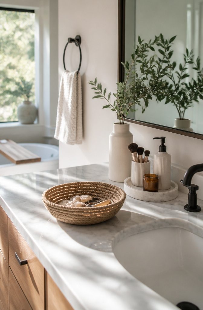 A catch-all basket is filled with everyday items on a bathroom counter.