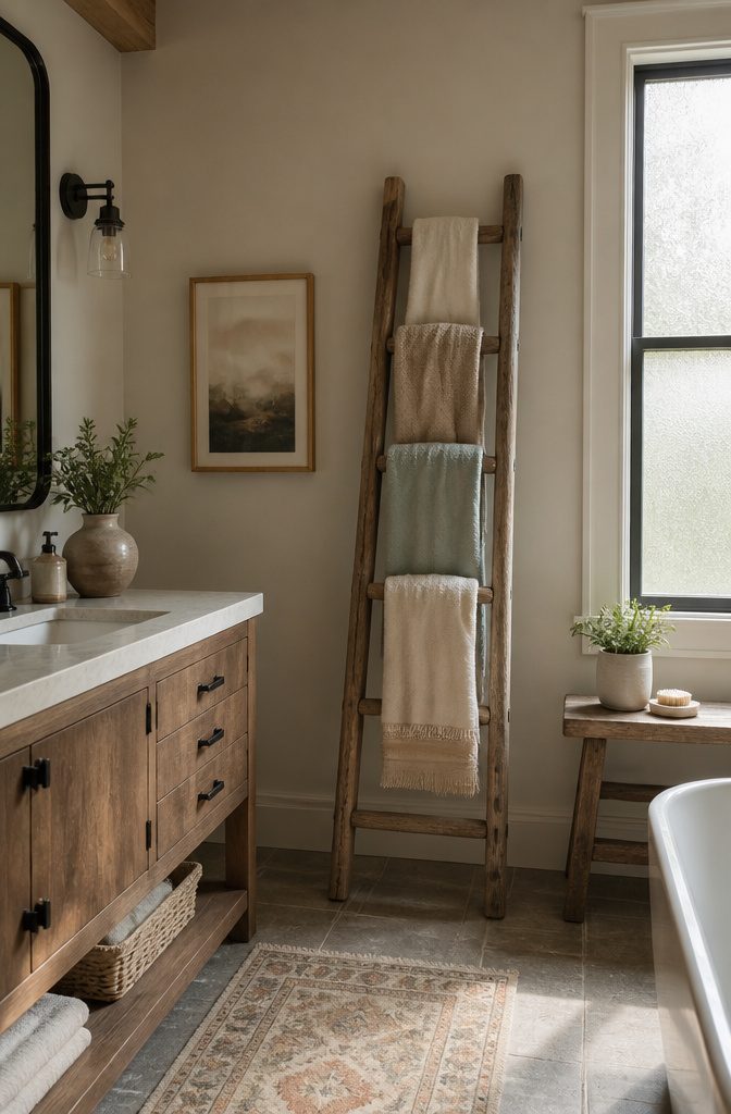 A towel ladder holds towels in a compact bathroom space.