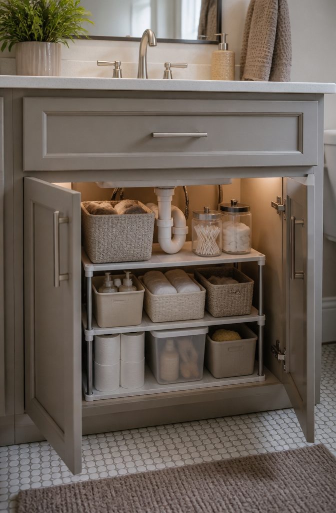 A tiered shelf unit with bins is positioned under a bathroom sink.