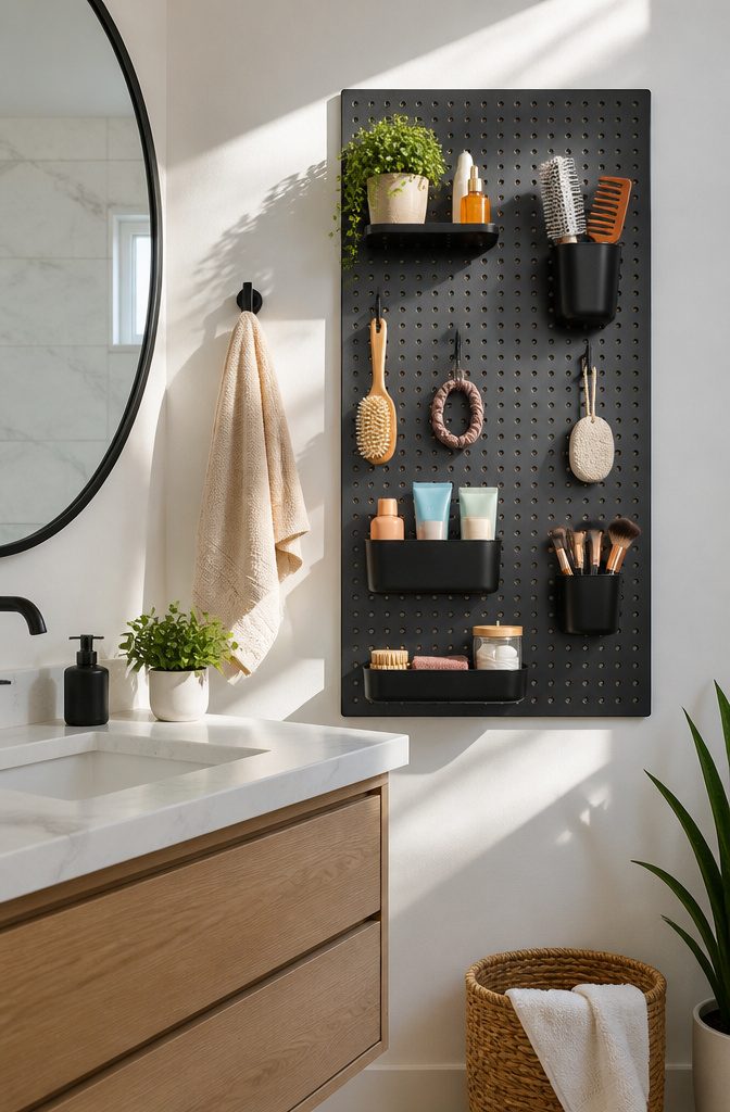 A pegboard mounted on a wall holds various grooming supplies.