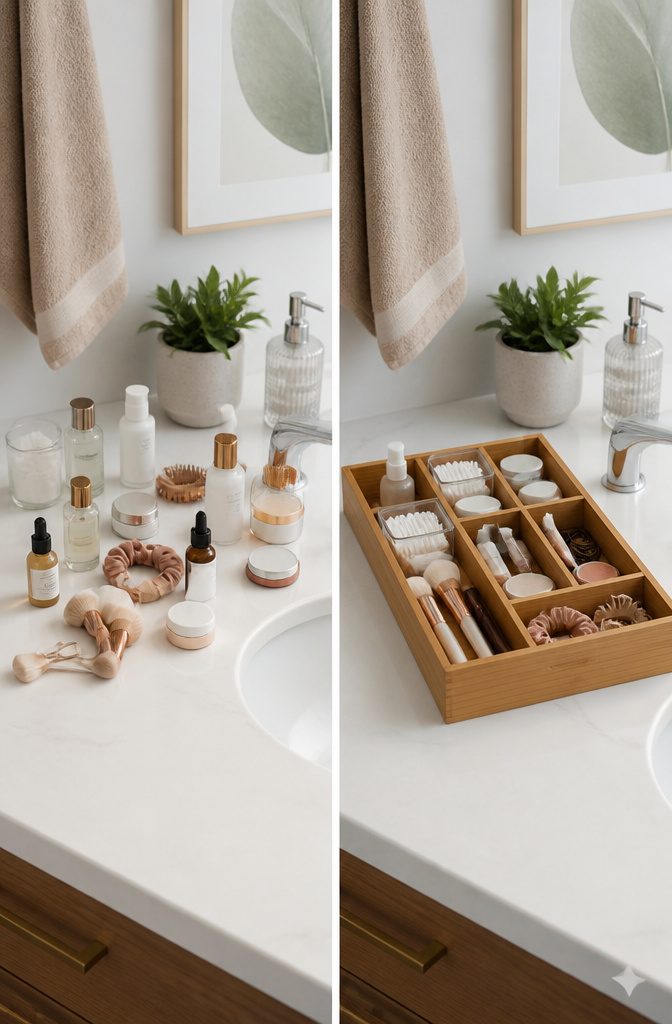 A silverware tray and organizers are used to store bathroom items.