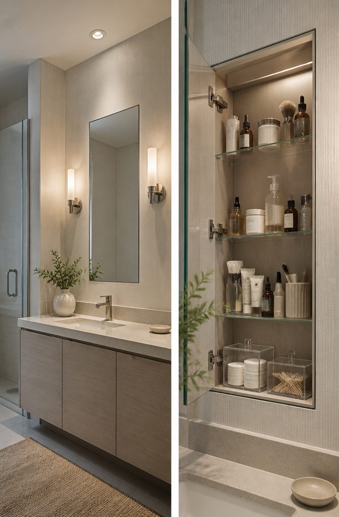 A recessed medicine cabinet is installed above a bathroom vanity.