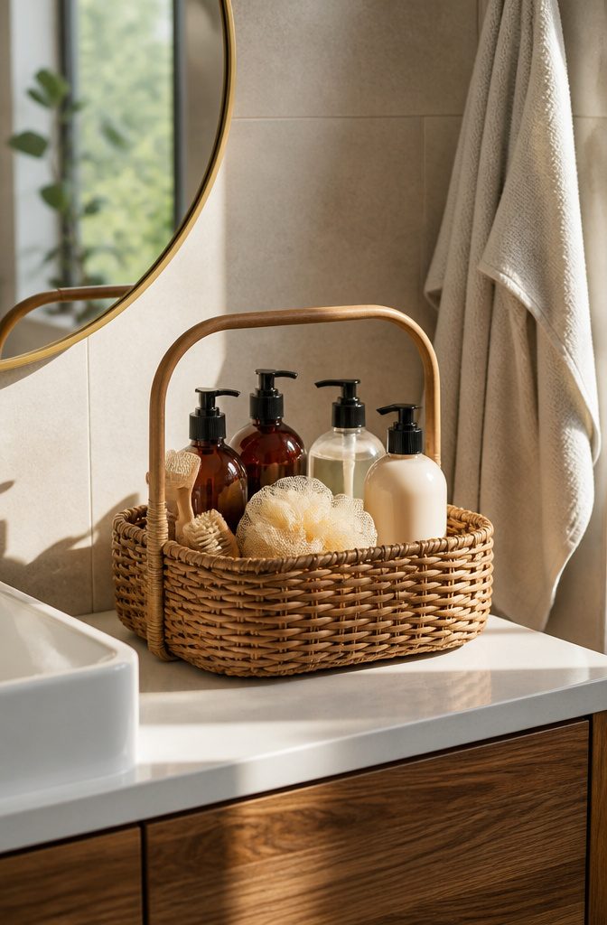 A shower caddy filled with toiletries sits on a bathroom counter.