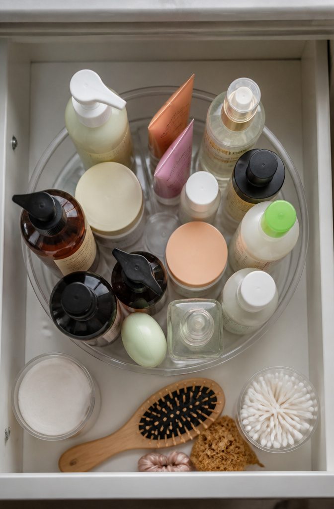 A turntable holds various toiletries inside a cabinet under the sink.
