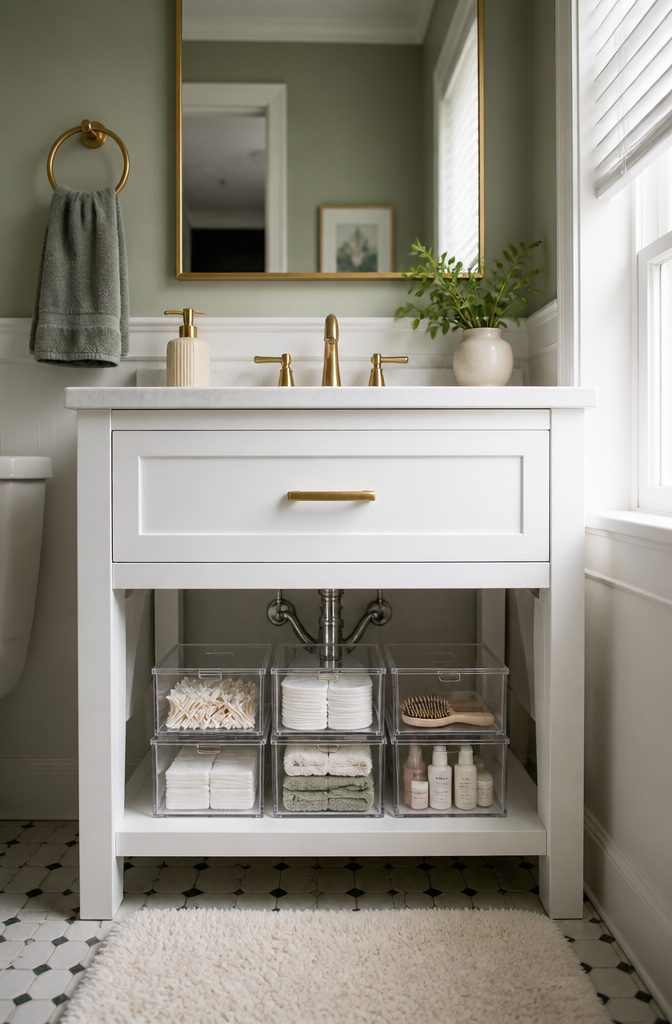 Stackable clear bins are organized under a small bathroom vanity.