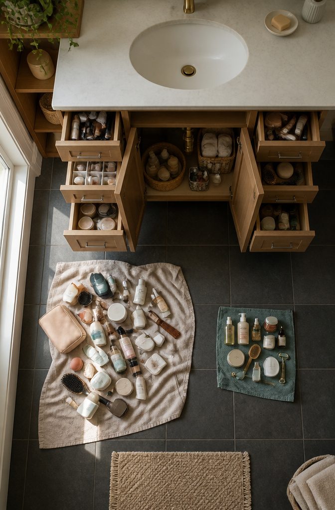 A towel on the floor displays various bathroom items pulled from a vanity.