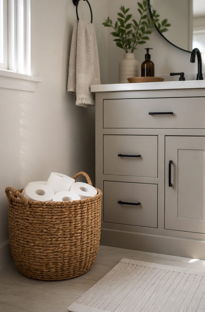 An open basket containing toilet paper rolls is placed next to a vanity.