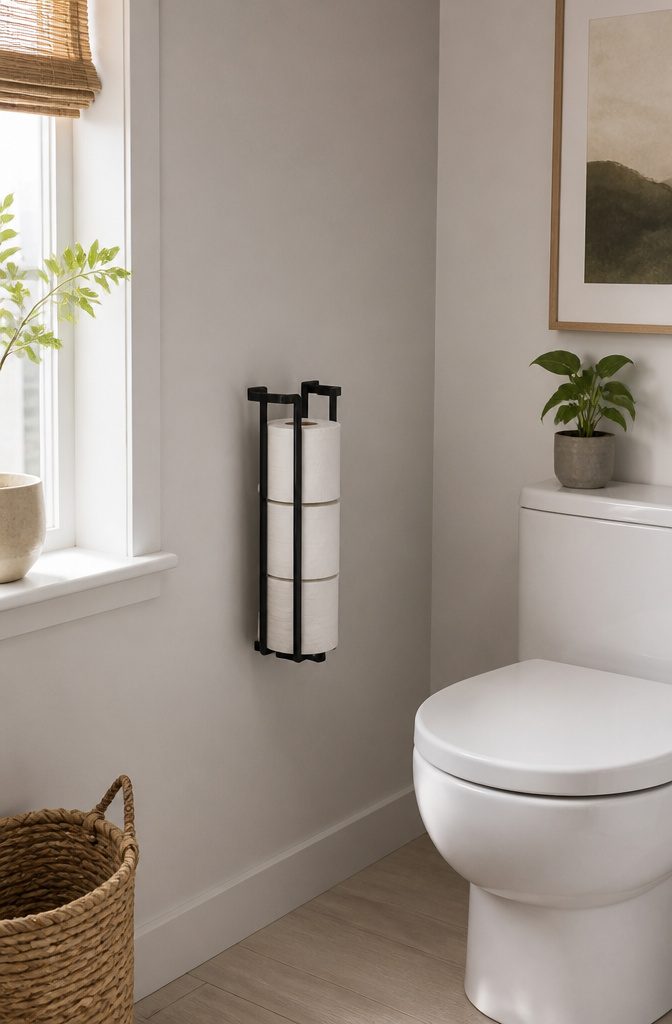 A sleek holder displays toilet paper rolls beside a toilet.