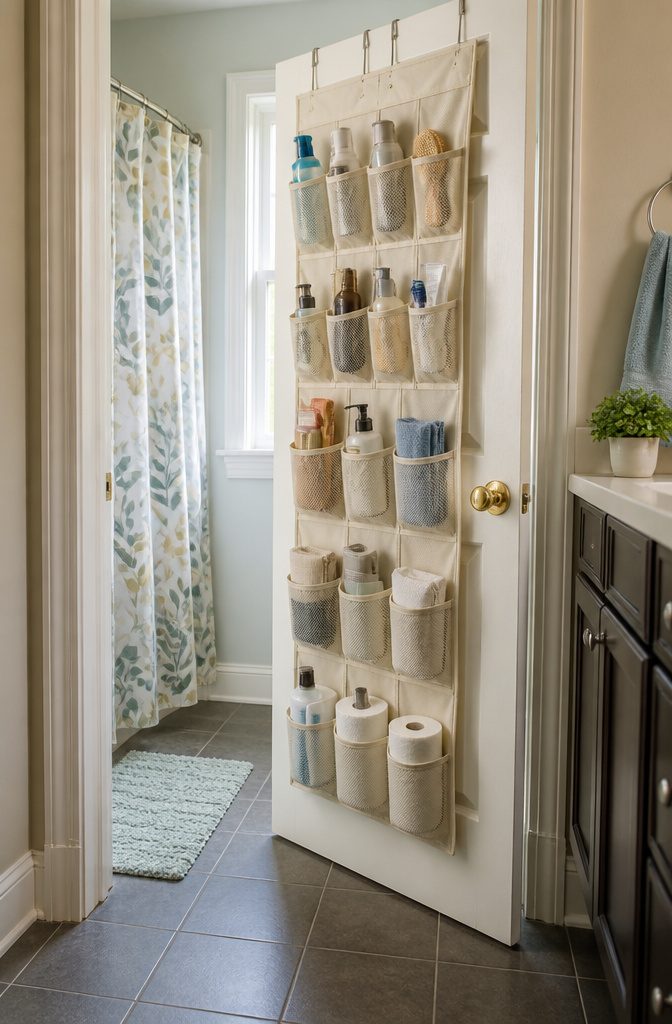 A pocket organizer hangs on a cabinet door filled with toiletries.