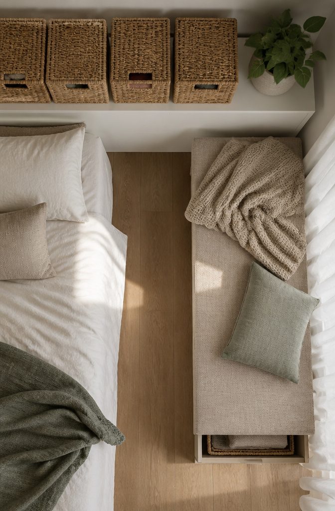 10 Small Bedroom Shelf Ideas for Tight Spaces 14 Open shelves with woven baskets and boxes for organized storage.