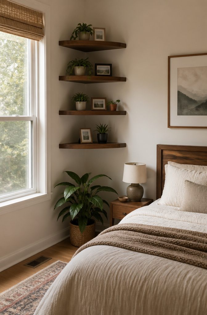 10 Small Bedroom Shelf Ideas for Tight Spaces 2 A set of corner shelves filled with small plants and photographs.