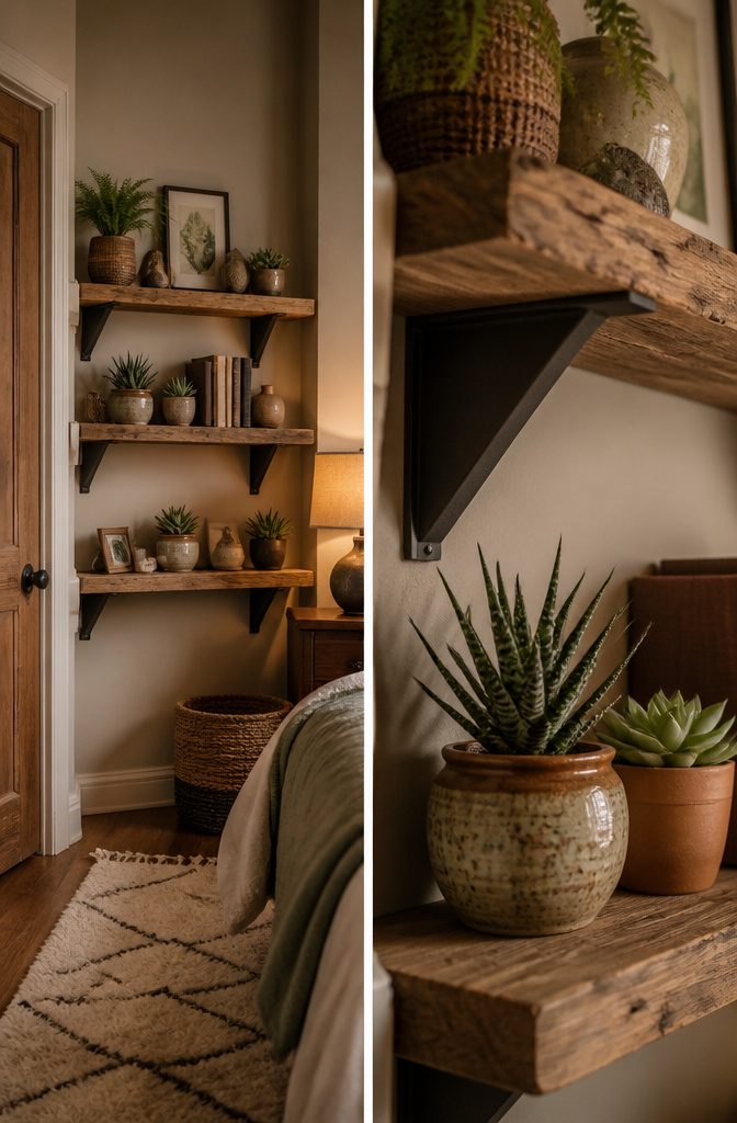 10 Small Bedroom Shelf Ideas for Tight Spaces 13 A DIY shelf made from reclaimed wood fitting into a narrow space.