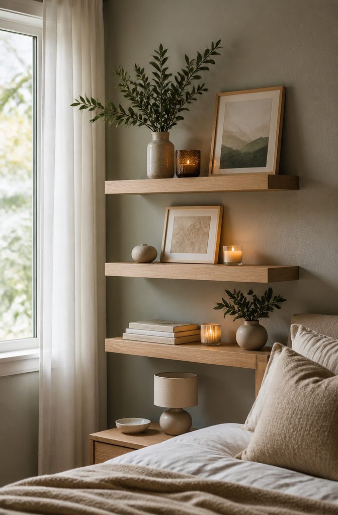 10 Small Bedroom Shelf Ideas for Tight Spaces 1 A wall-mounted floating shelf displaying picture frames and candles.