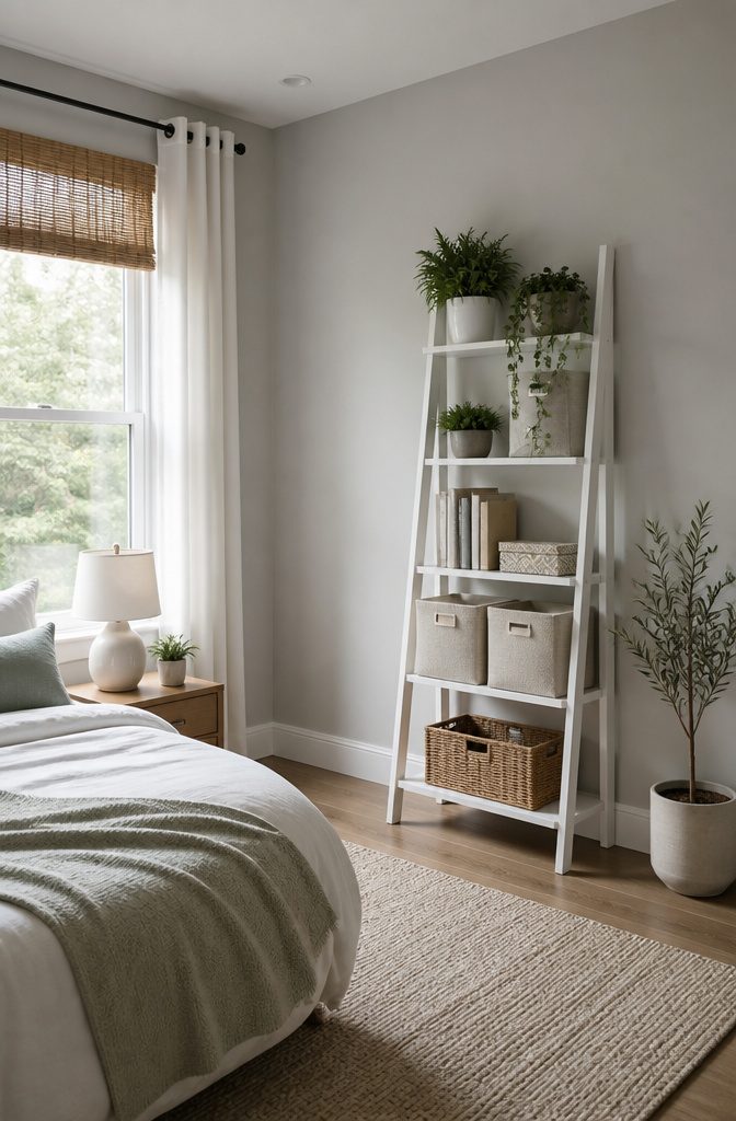 10 Small Bedroom Shelf Ideas for Tight Spaces 8 A ladder-style shelf holding books and decorative items.