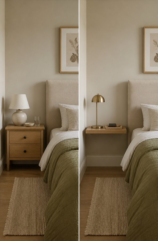 10 Small Bedroom Shelf Ideas for Tight Spaces 5 A wall-mounted shelf at mattress height with a book and phone.