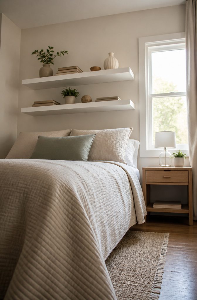 10 Small Bedroom Shelf Ideas for Tight Spaces 4 Shallow floating shelves above a bed displaying books and a plant.