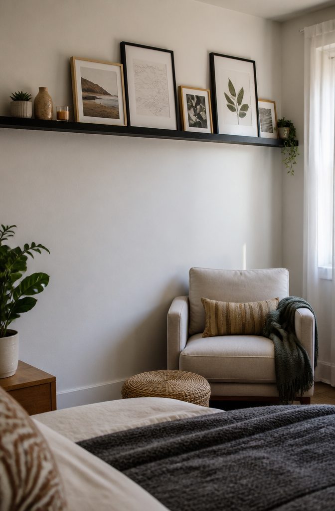 10 Small Bedroom Shelf Ideas for Tight Spaces 7 A long picture ledge displaying framed prints and decorative objects.