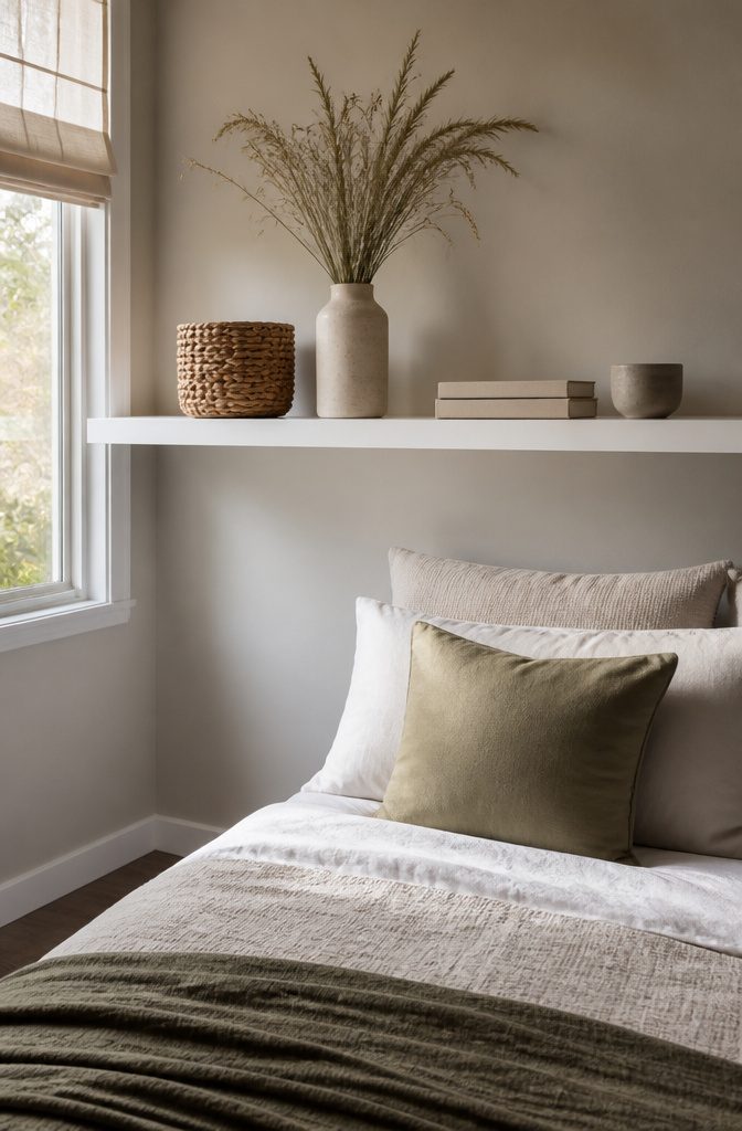 10 Small Bedroom Shelf Ideas for Tight Spaces 12 A neatly arranged shelf with a vase, basket, and stacked books.