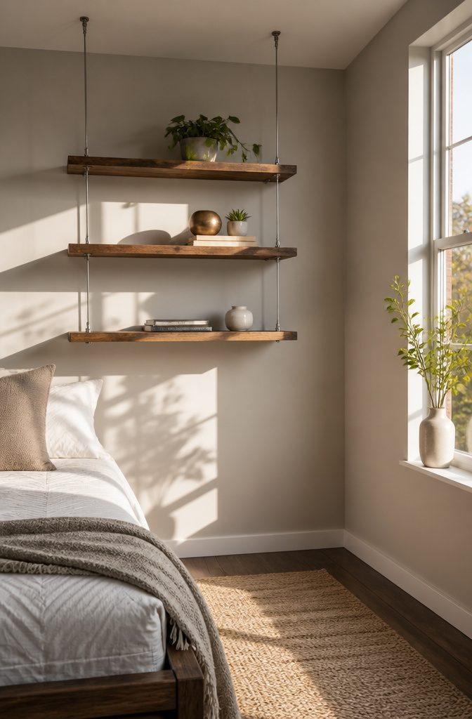 10 Small Bedroom Shelf Ideas for Tight Spaces 6 A set of suspended shelves with a small plant and books.