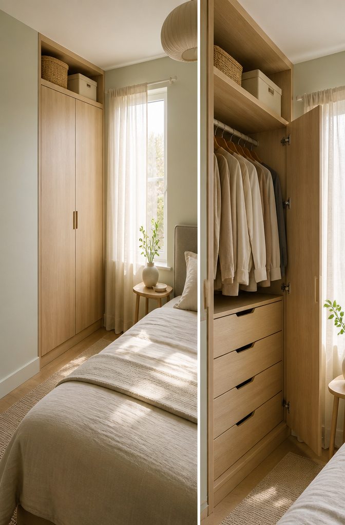 A slim built-in wardrobe against a bedroom wall.