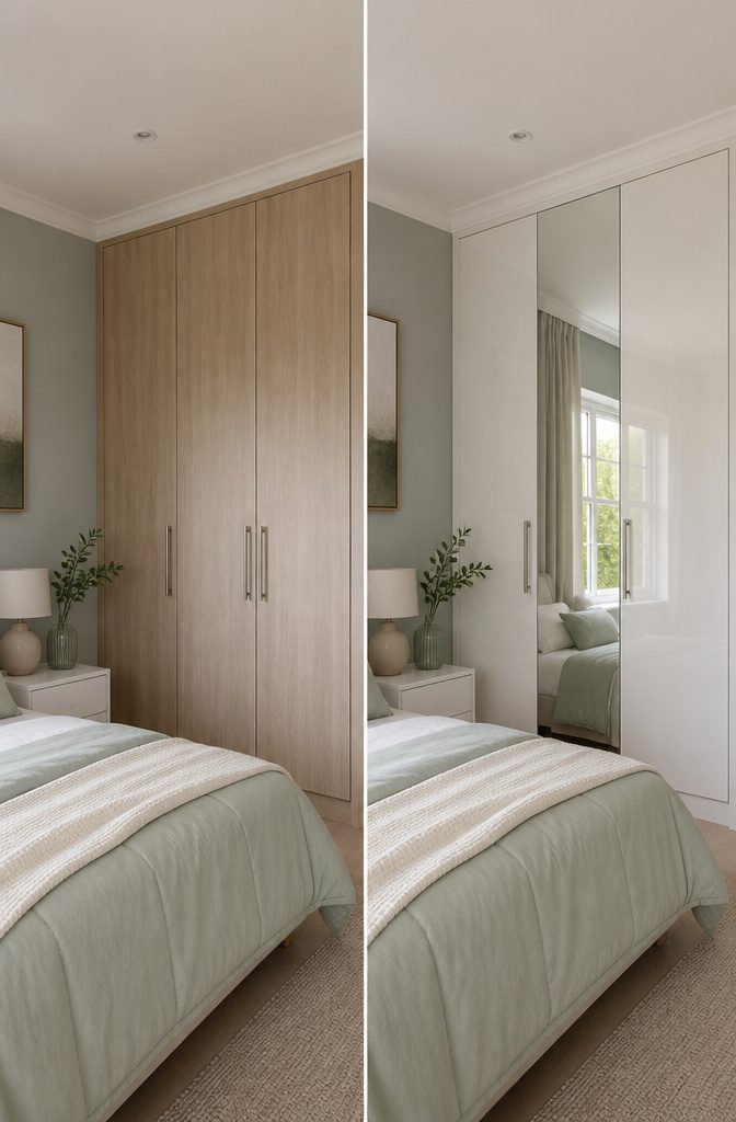 A wardrobe with light-colored finishes in a small bedroom.