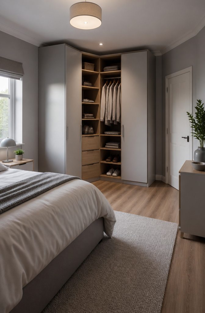 An L-shaped corner wardrobe fitted into a bedroom corner.