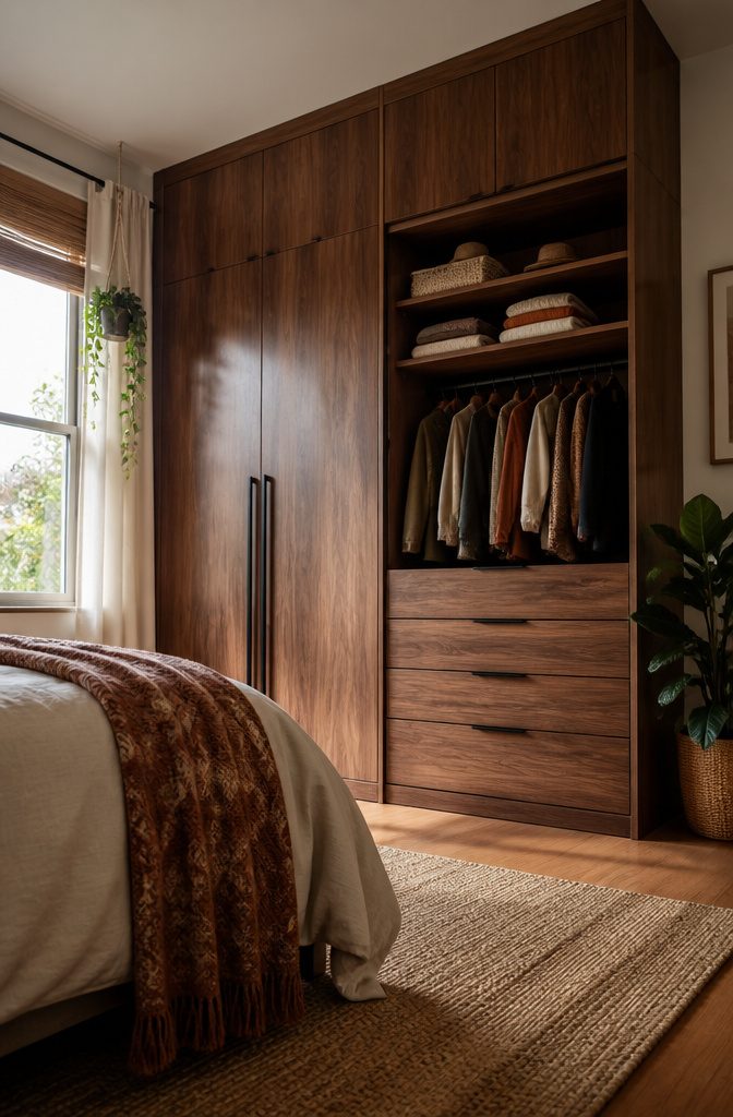 A floor-to-ceiling wardrobe in a compact bedroom.
