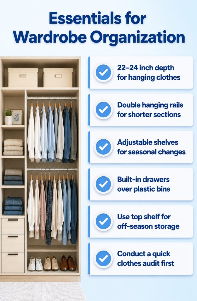 The interior of a wardrobe displaying organized storage solutions.