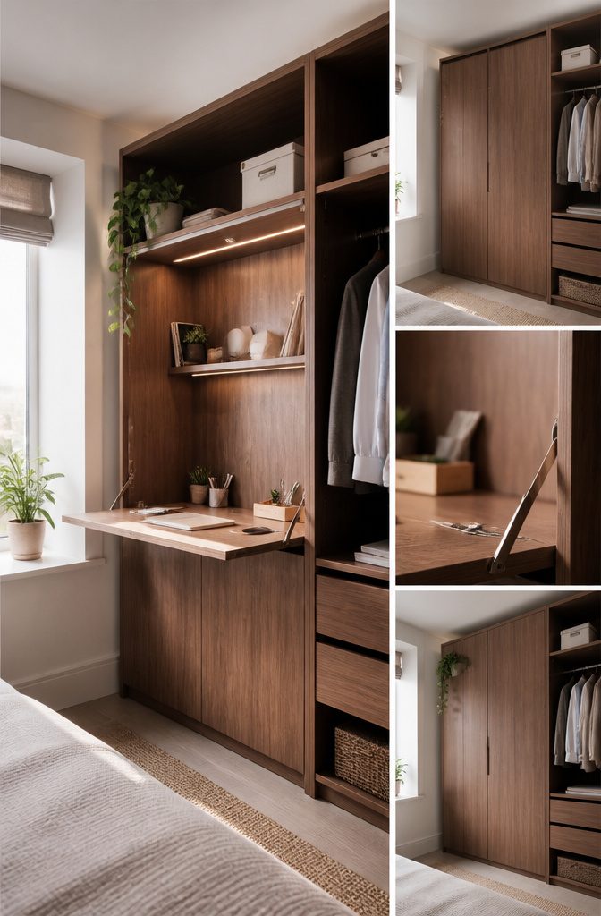 A wardrobe with a fold-down desk in a small bedroom.