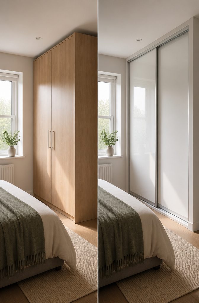 A sliding door wardrobe installed in a small bedroom.