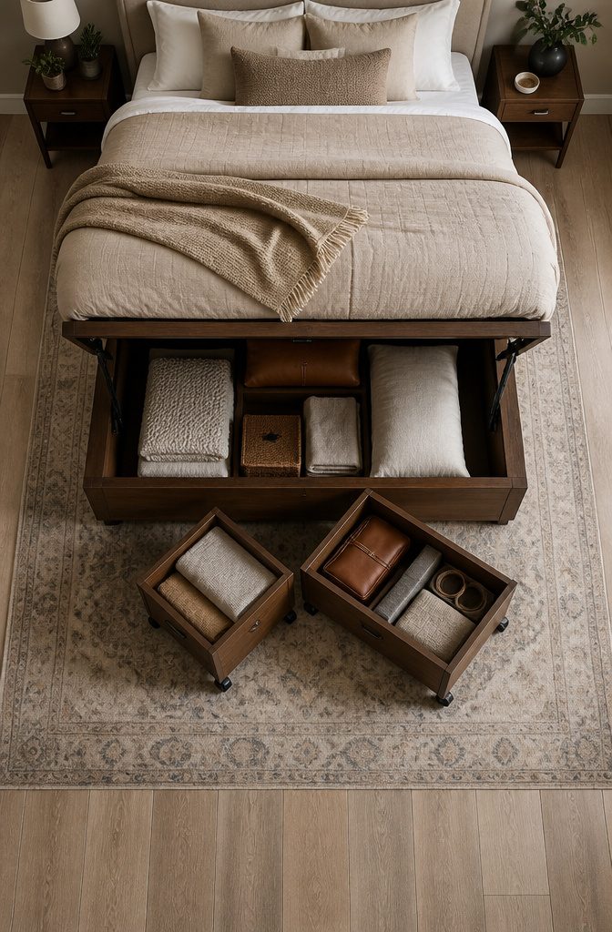 Storage drawers tucked under a bed in a small bedroom.