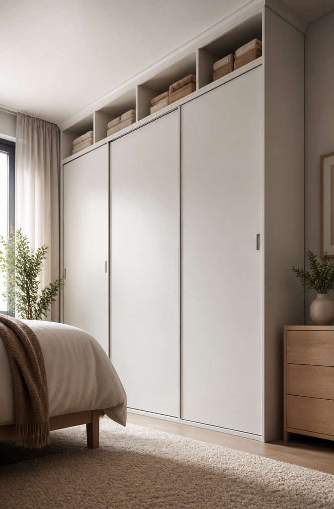 A tall wardrobe reaching the ceiling in a small bedroom.