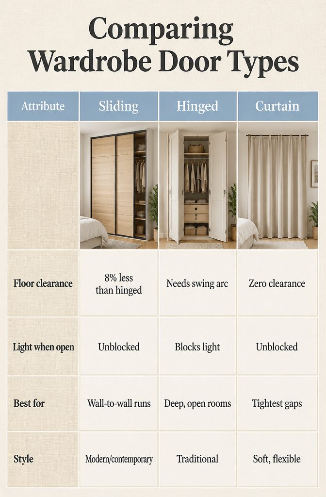 A chart comparing sliding, hinged, and curtain wardrobe doors.