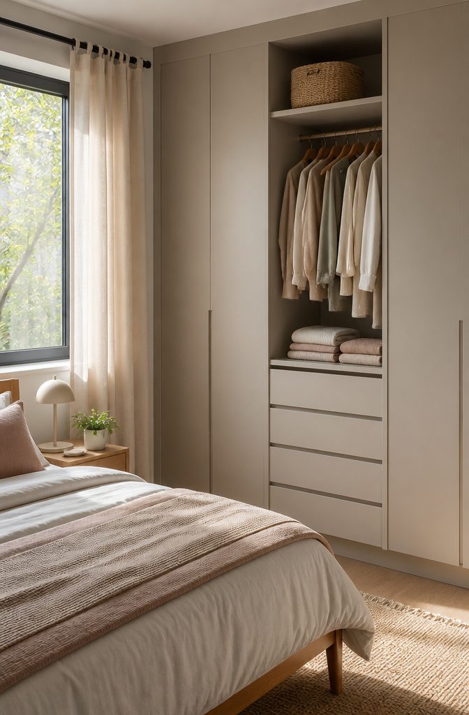 A wardrobe featuring built-in drawers in a cozy bedroom.